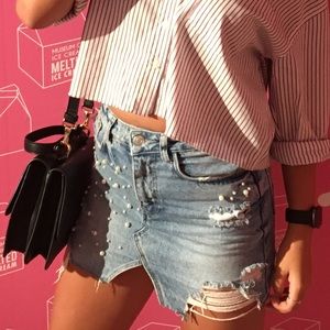 ZARA light blue denim skirt with pearls